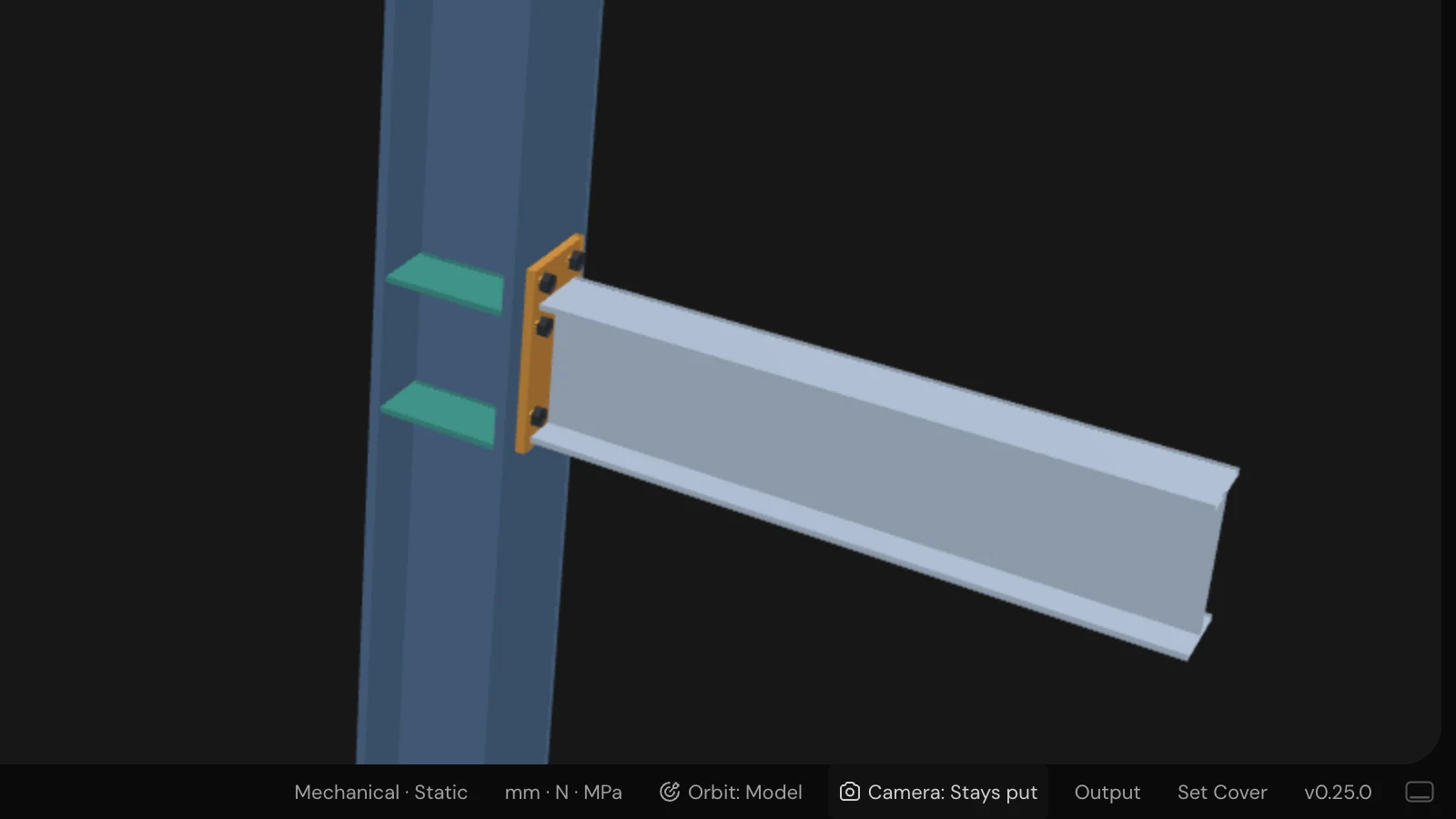 A beam-column joint above the status bar, where the camera switch reads Camera: Stays put, beside Orbit: Model.