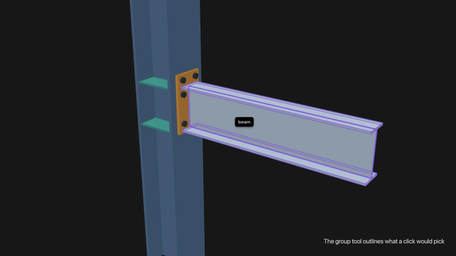 The group tool on, over a beam-column joint: the beam under the cursor is outlined in purple, with its name beside the cursor.