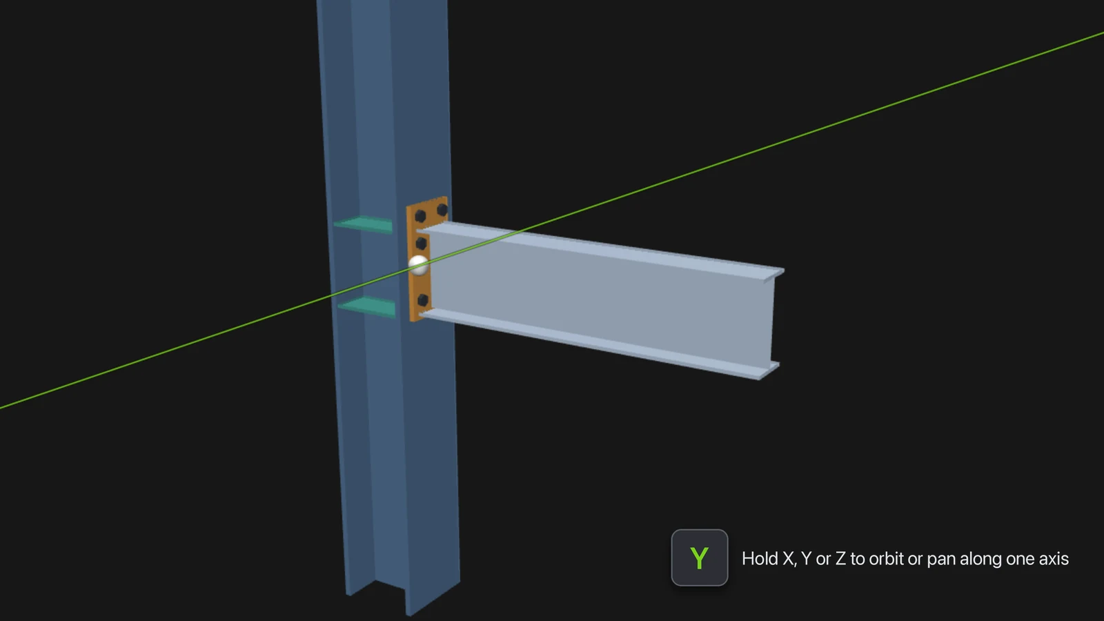 A beam-column joint with the Y key held: a green line along Y runs through the model’s centre of gravity, across the whole viewport.