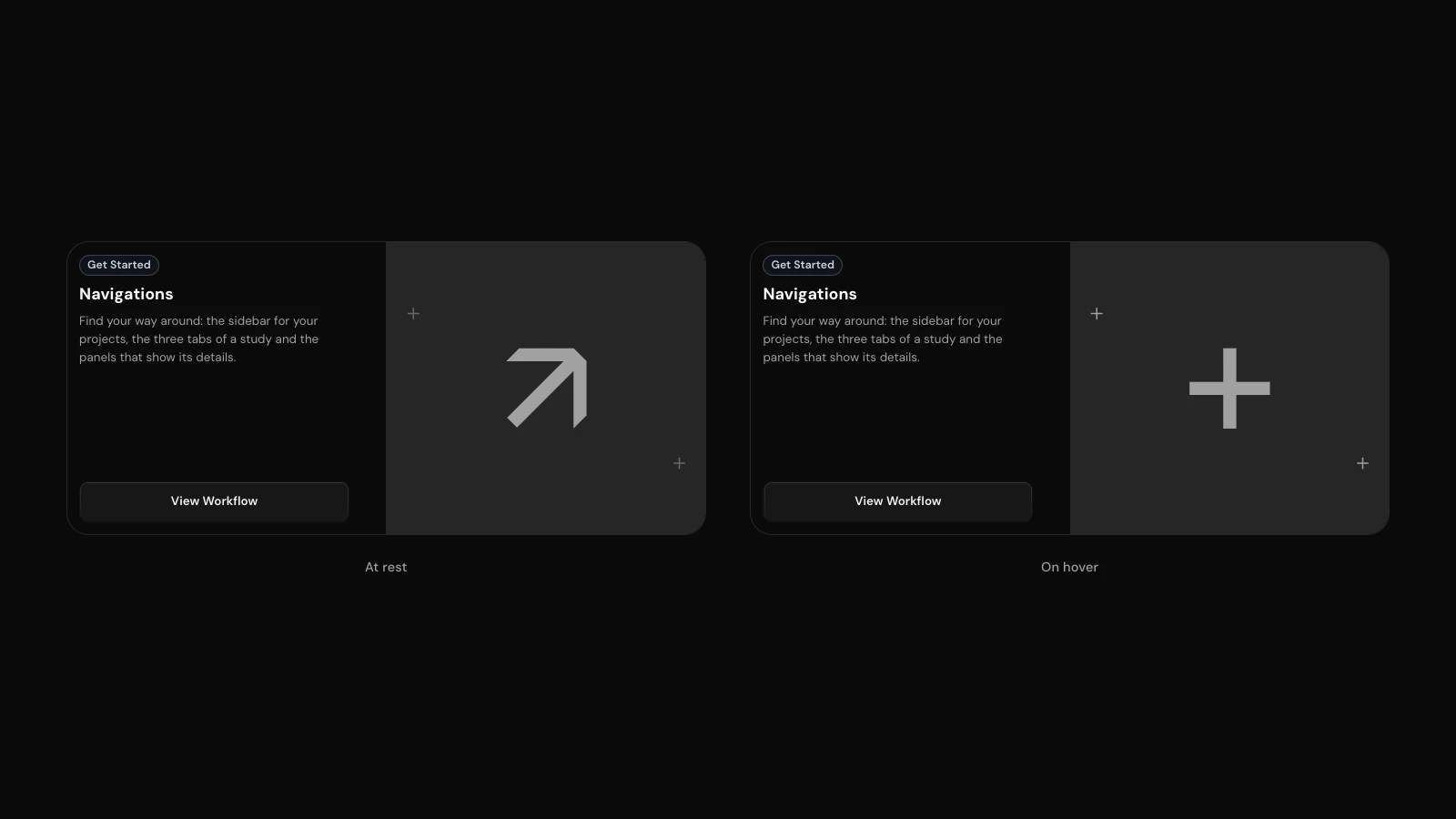 The Navigations card twice: at rest it shows the logo’s arrow, and hovered the arrow has folded into a plus.