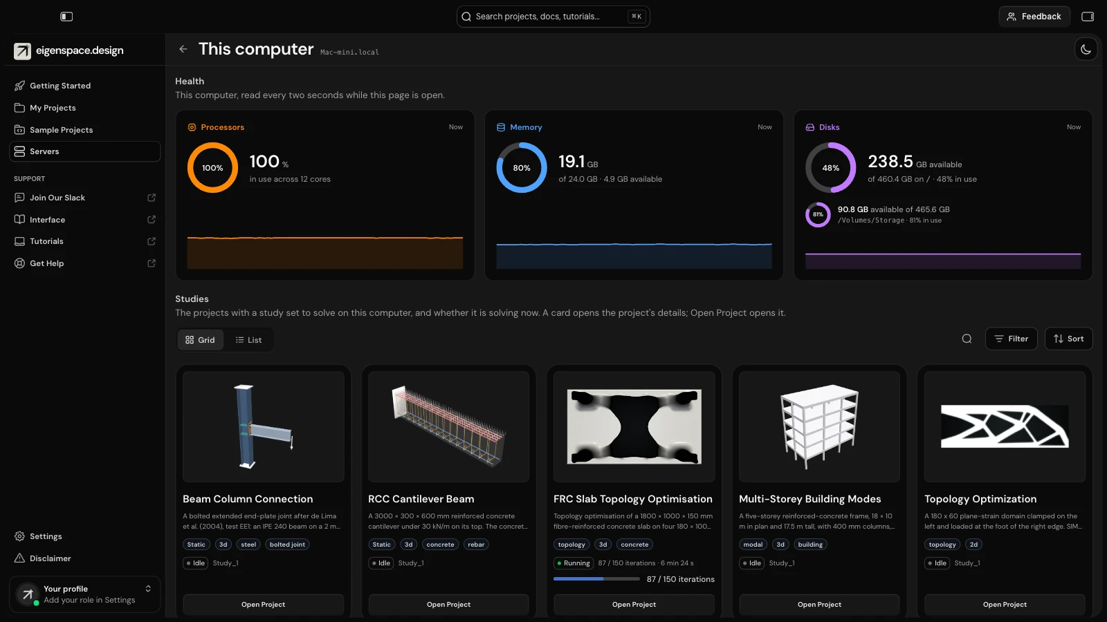 The Servers dashboard for this computer: rings for its processors, memory and disks with their trend over the last minutes, and below them five projects set to solve here, four Idle and the FRC slab Running at 87 of 150 iterations with a progress bar.