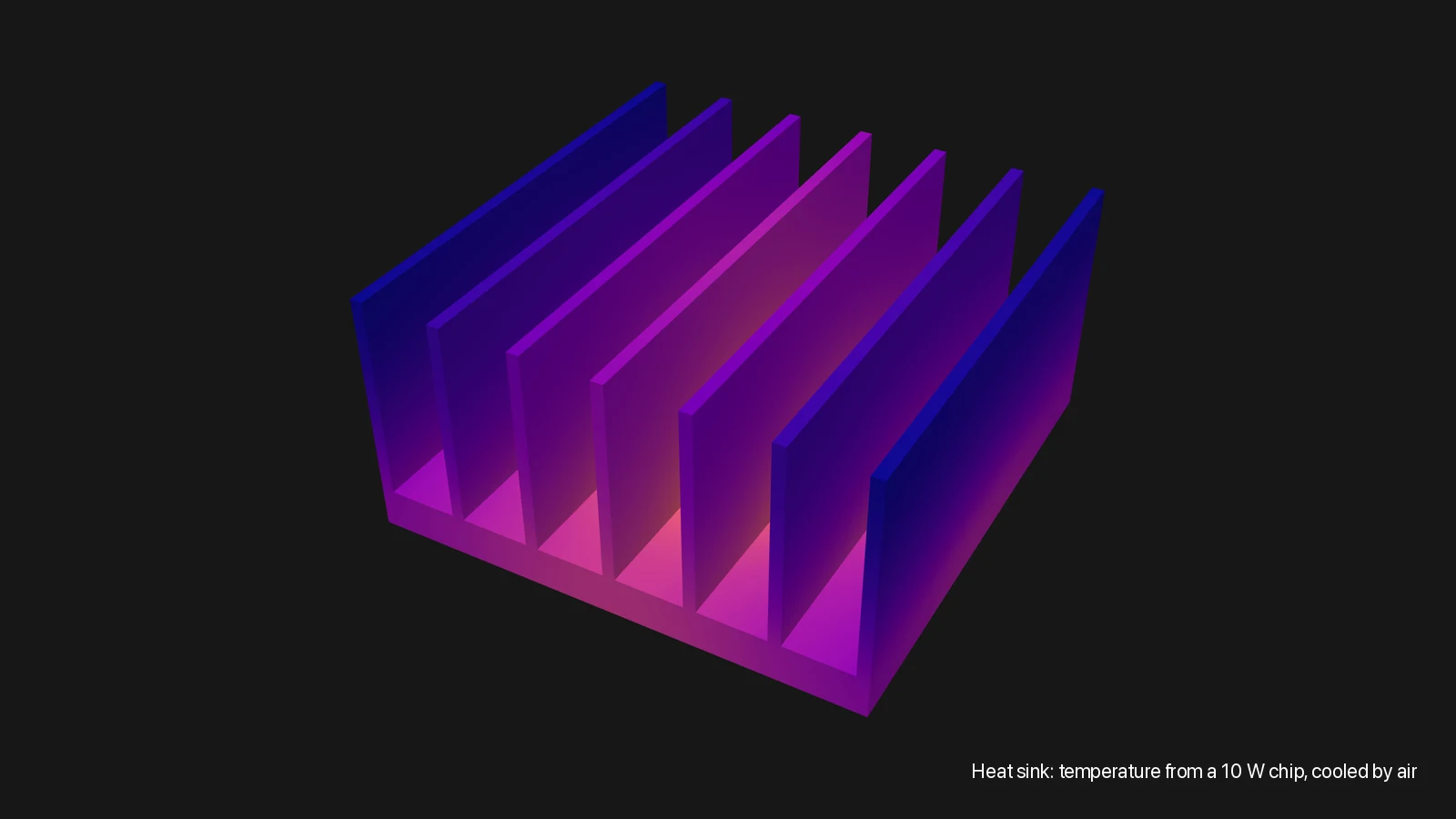 The heat sink sample after a steady heat-transfer solve, seen from above: seven aluminium fins on a base, coloured by temperature, warmest on the base between the middle fins, over the chip, and coolest at the tips of the outer fins.