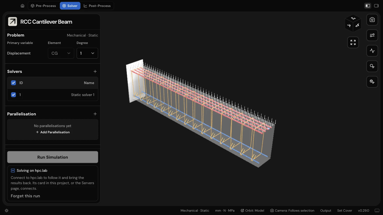 The RCC Cantilever Beam project in the dark theme, with the Solver tab open. Under a greyed-out Run Simulation button, a notice reads "Solving on hpc.lab: Connect to hpc.lab to follow it and bring the results back", with a "Forget this run" link. The concrete beam with its coloured rebar and load arrows is drawn on the right.